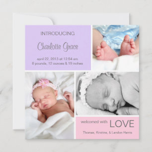 Faire-part de naissance photo multiple //rose viol
