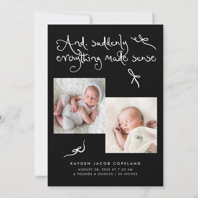 Faire-part de naissance photo noir Doodle Cute Bow (Devant)