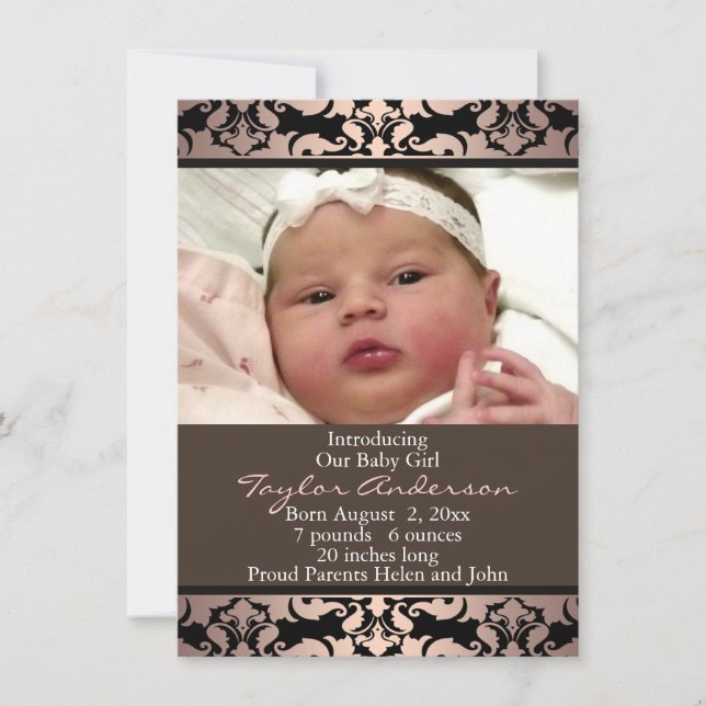 Faire-part de naissance photo Peach Pink Damask (Devant)