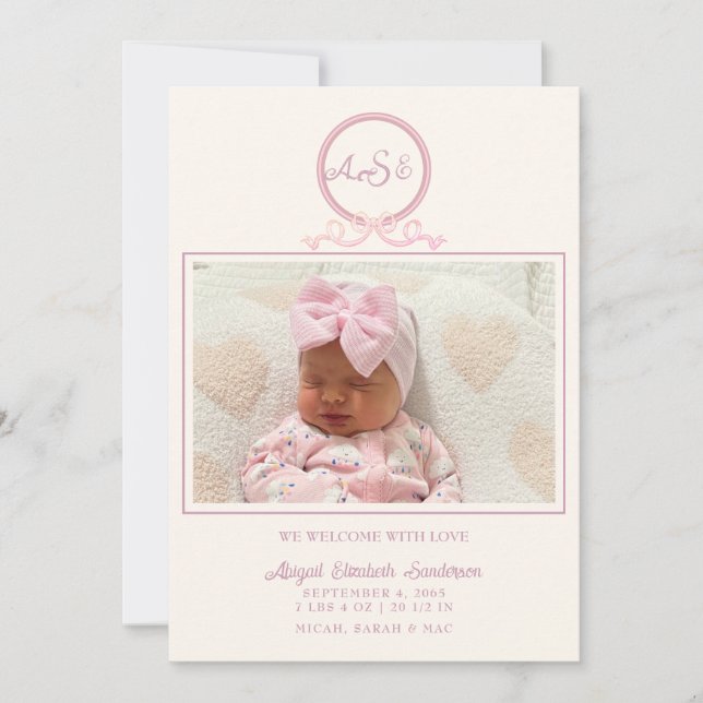 Faire-part de naissance photo Pink Bow II (Devant)