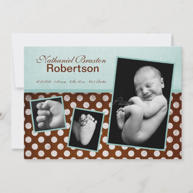 faire-part de naissance photo Polka Brown bleu 5x7 (Devant)