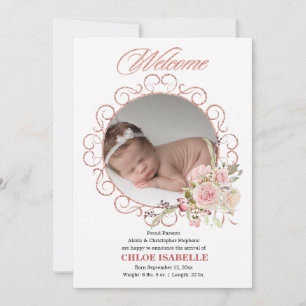 Faire-part de naissance photo rose Gold Floral Wre