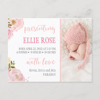 Faire-part de naissance photo roses aquarelle rose