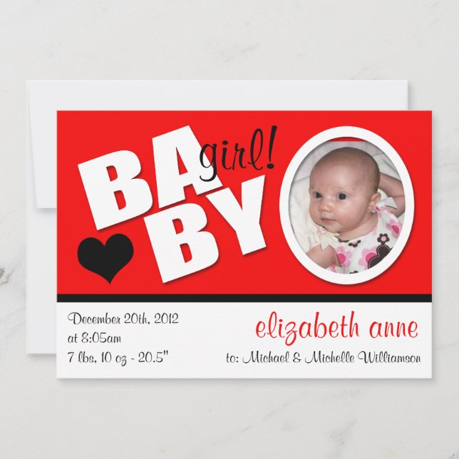 Faire-part de naissance photo rouge tendance B A B (Devant)