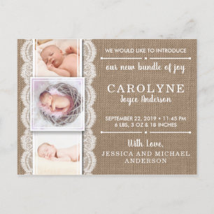 Faire-part de naissance photo rustique Burlap & La
