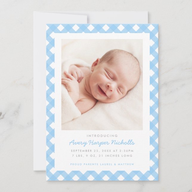 Faire-part de naissance photo simple En vichy bleu (Devant)