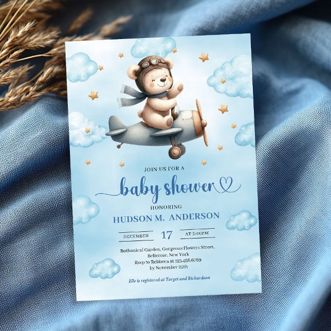 Faire-part de naissance Pilote Ourson Mignon Bleu  (Cute Teddy Bear Pilot Blue Gold Boy Shower Invitation

)