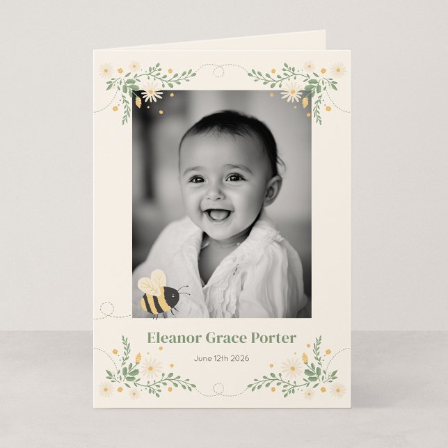 Faire-part de naissance plié 5x7 Bumblebee Keepsak (Wildflower Flight - Folded 5x7" Honey Bee Photo New Baby Announcement)