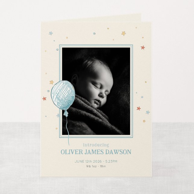 Faire-part de naissance plié Balloon Daydream 5x7 (Balloon Daydream - 5x7" Folded New Baby Photo Announcement)