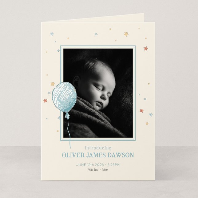 Faire-part de naissance plié Balloon Daydream 5x7 (Balloon Daydream - 5x7" Folded New Baby Photo Announcement)