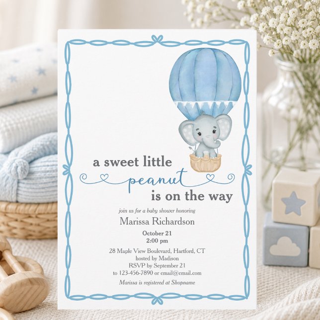 Faire-part de naissance pour garçon Baby Shower El (cute sweet little peanut blue hot air balloon elephant baby boy shower custom invitation)