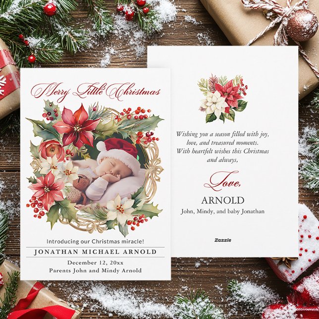 Faire-part de naissance pour Noël avec photo de Po (Elegant poinsettias baby birth announcement Christmas greeting card)
