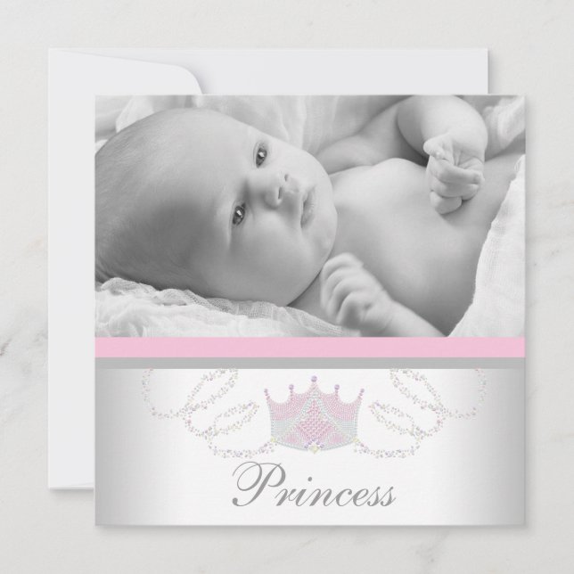 Faire-part de naissance Princesse Filles Gris Rose (Devant)