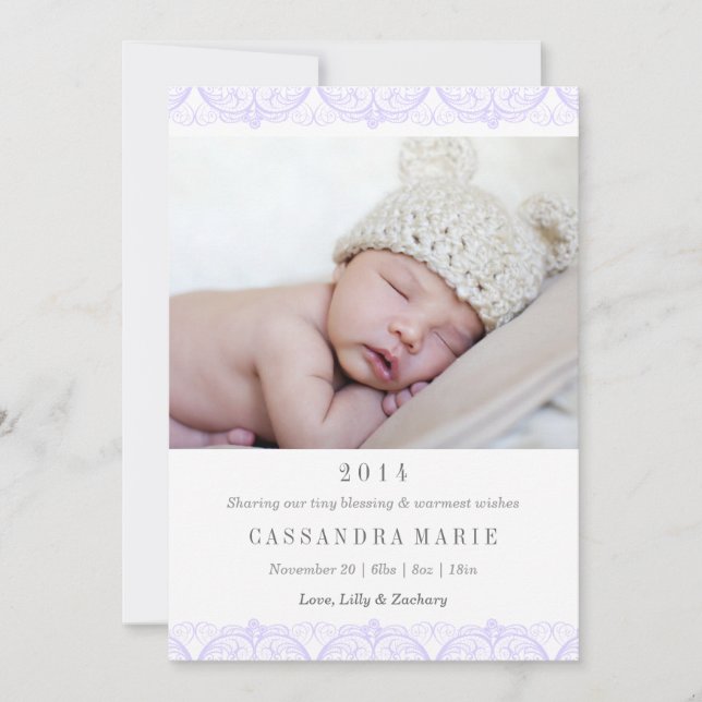 Faire-part de naissance Purple Lace (Devant)