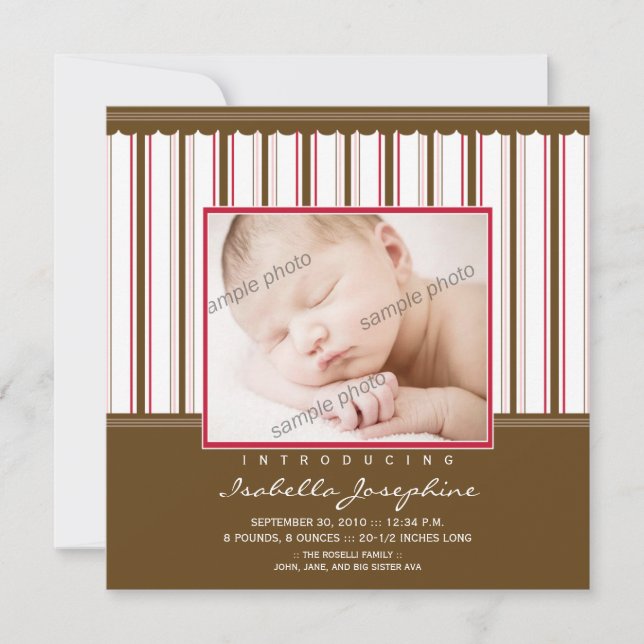 Faire-part de naissance rayé marron/rose tendance (Devant)