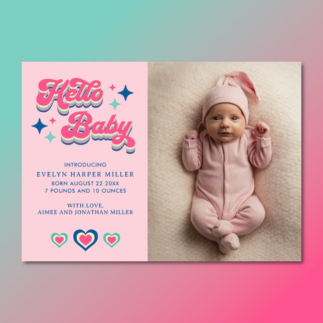 Faire-part de naissance Retro Super Hello Baby Car (Groovy hello baby birth announcement card)