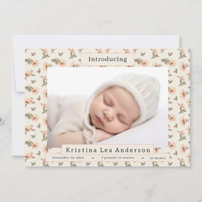 Faire-part de naissance rose Floral Baby Girl (Devant)