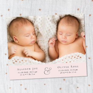 Faire-part de naissance rose photo minimal Twin Gi