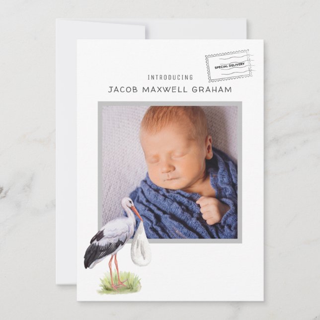 Faire-part de naissance Stork Aquarelle | Recto-Ve (Devant)