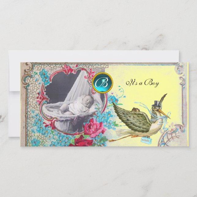 Faire-part de naissance STORK avec monogramme ,aqu (Devant)