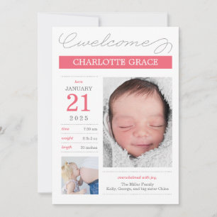 Faire-part de naissance sucré - Rose