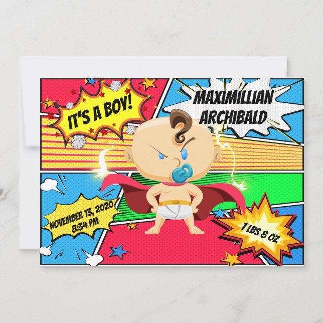 Faire-part de naissance Superhero du livre de band (Devant)