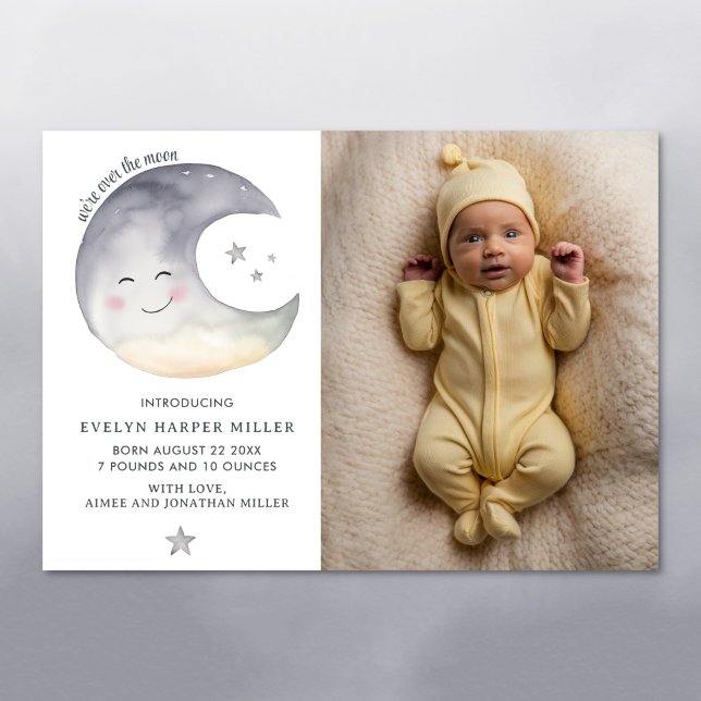 Faire-part de naissance Sur La Carte Moon Watercol (Over the moon whimsical birth announcement card)