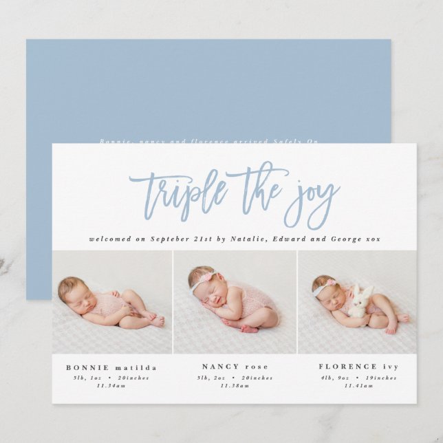 Faire-part de naissance triplé moderne multi photo (Devant / Derrière)