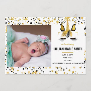 Faire-part de naissance Unicorne or et noir