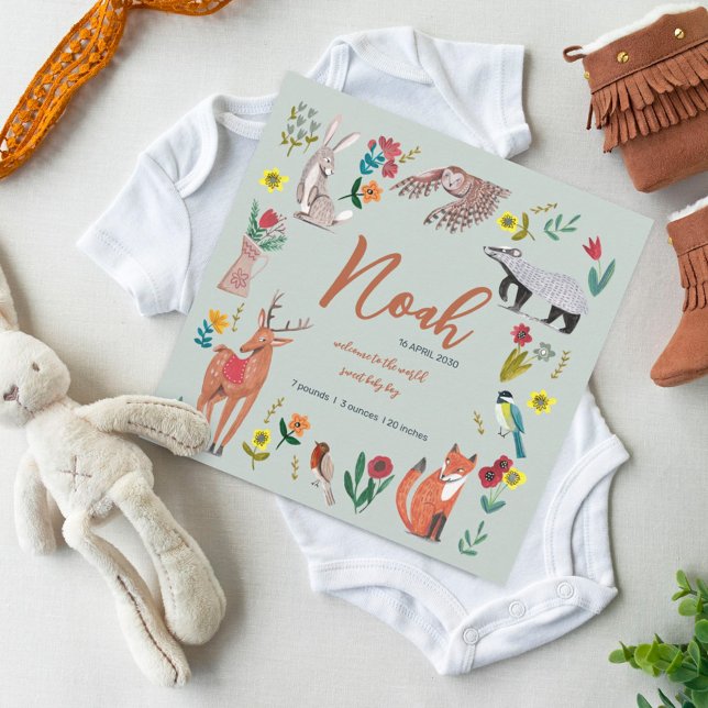 Faire-part de naissance vert mignon animaux de la  (Créateur téléchargé)