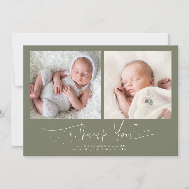 Faire-part de naissance vert sauge sage Merci Scri (Devant)