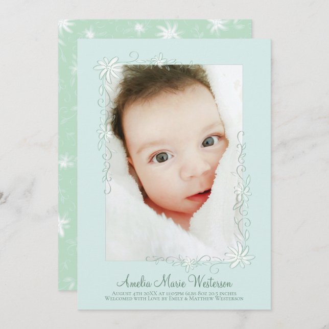 Faire-part de naissance vert vintage Neutre hommes (Devant / Derrière)