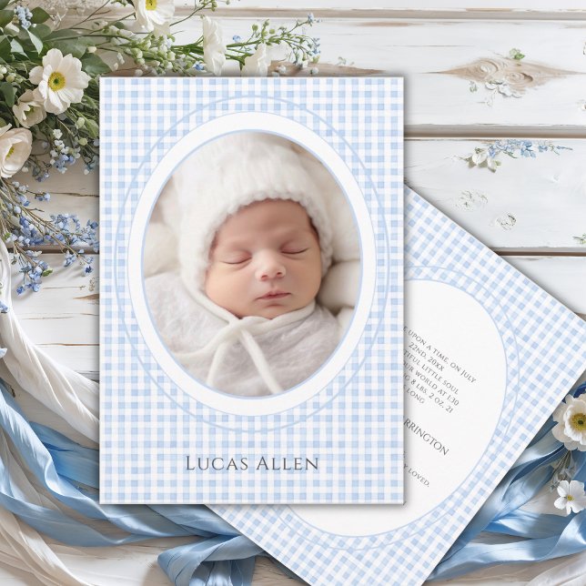 Faire-part de naissance vintage à carreaux bleus (Créateur téléchargé)