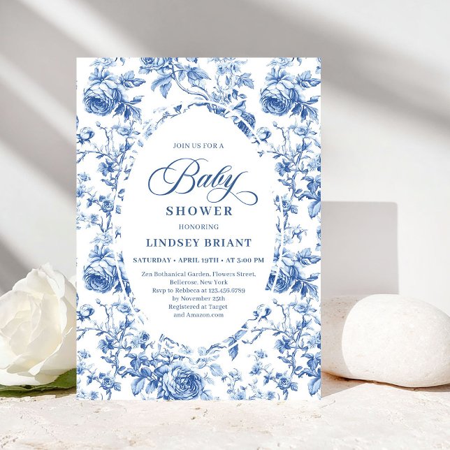 Faire-part de naissance Vintage French Toile Blue  (Vintage French Toile Blue Rose Baby Shower Invite)
