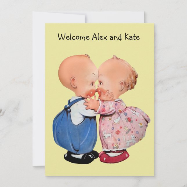 Faire-part de naissance vintage garçon fille jumea (Devant)