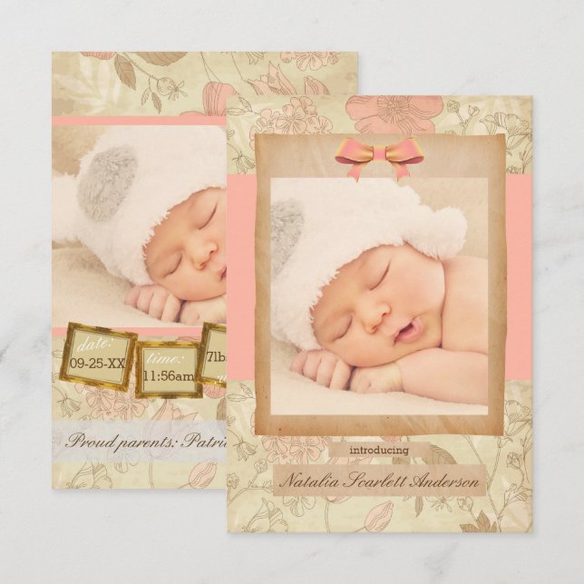 Faire-part de naissance Vintage Rose - 3x5 (Devant / Derrière)