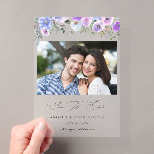 Faire-part de photo à date avec fleurs violettes e
