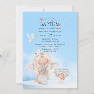 Faire-part de photo de baptême d'ange fille aquare