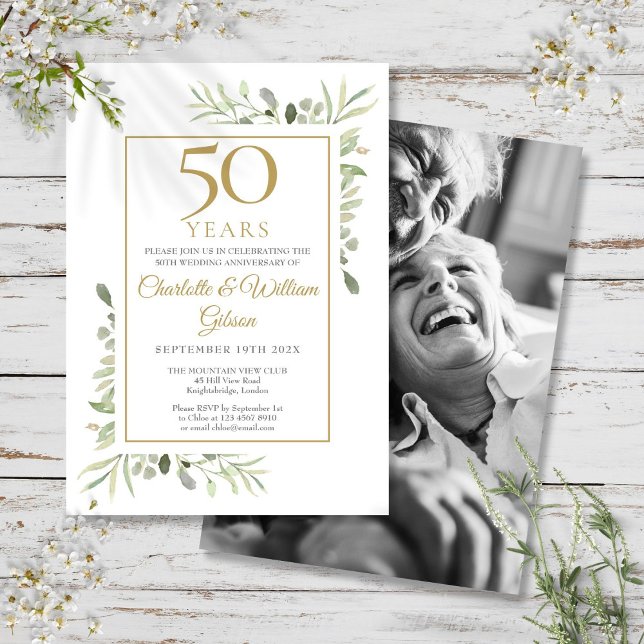 Faire-part de photo de verdure pour anniversaire d (Any Year Wedding Anniversary Greenery Photo Invitation)