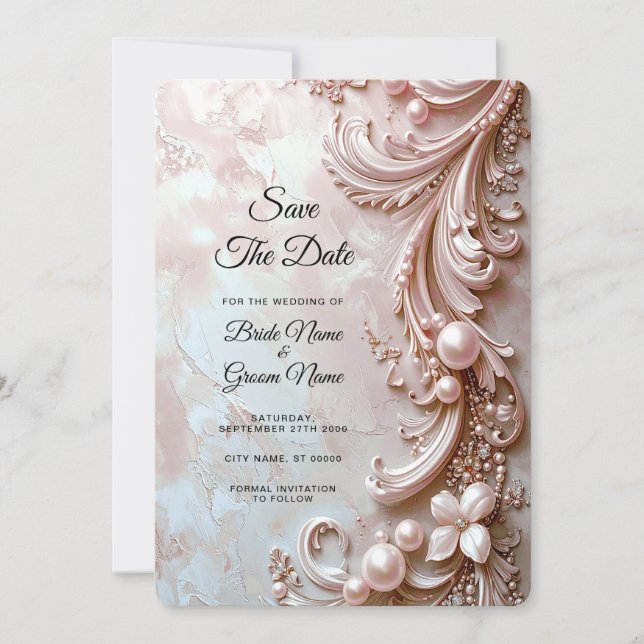 Faire-part de Pink Ornate Pearl et floral (Devant)