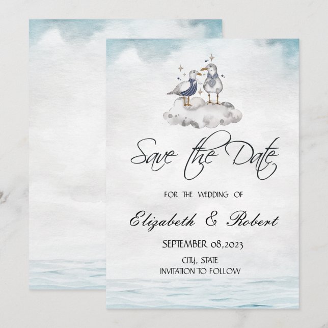 Faire-part de plage aux mouettes à l'aquarelle (Devant / Derrière)