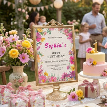 Faire-part de premier anniversaire avec floral aqu