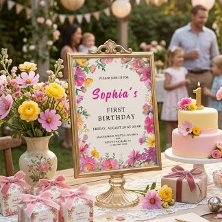 Faire-part de premier anniversaire avec floral aqu