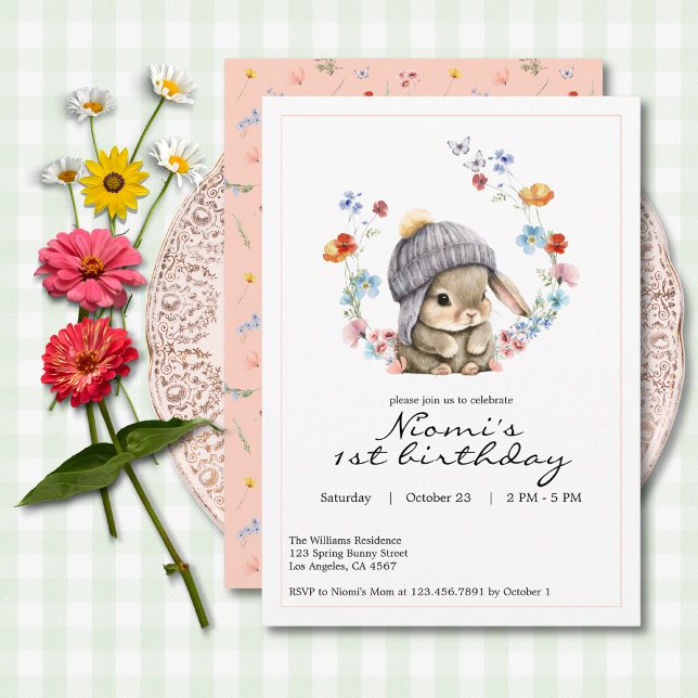 Faire-part de premier anniversaire Bunny Garden (Bunny Garden First Birthday Invitation 2)