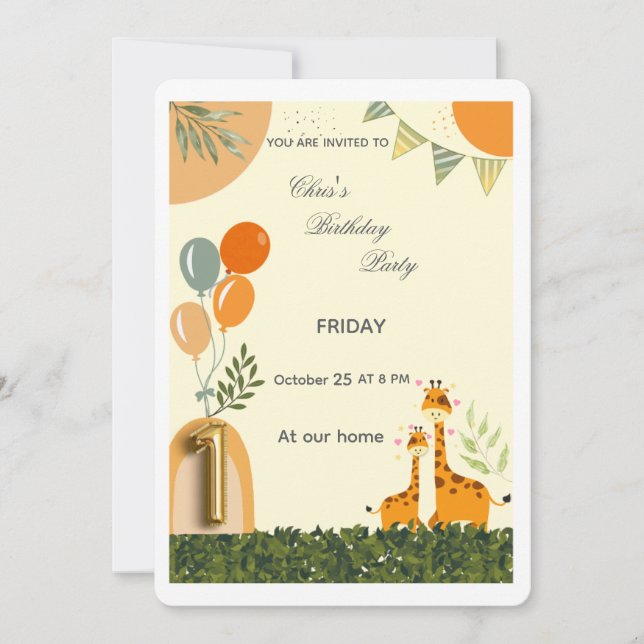 Faire-part de premier anniversaire de girafe Boho  (Devant)