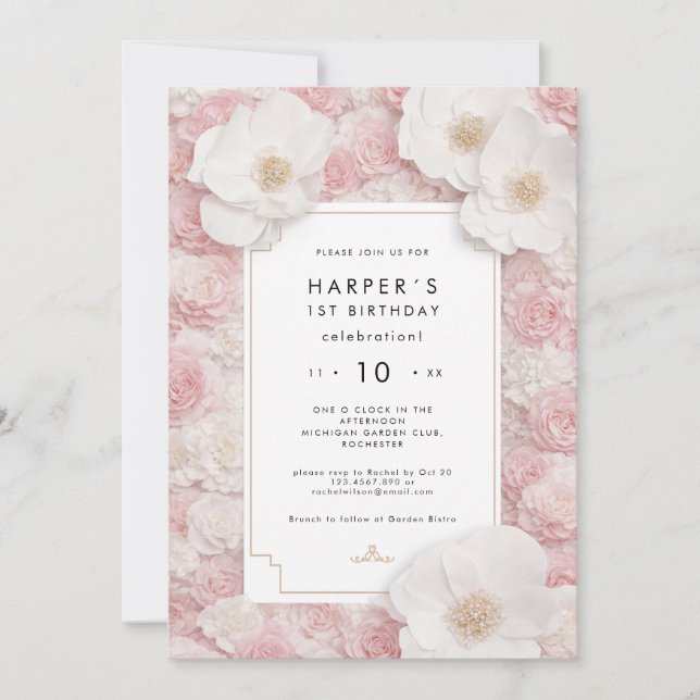 Faire-part de premier anniversaire floral rose (Devant)