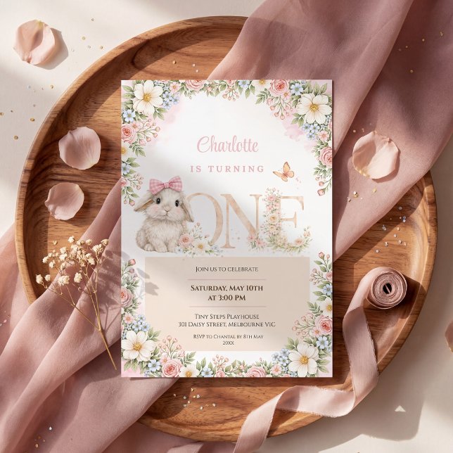 Faire-part de premier anniversaire lapin floral (Créateur téléchargé)