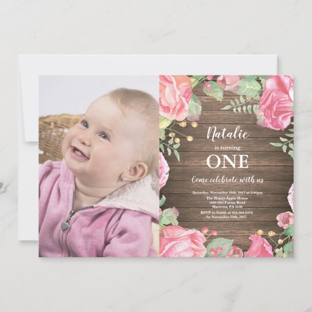 Faire-part de premier anniversaire Rustic First Fl (Devant)