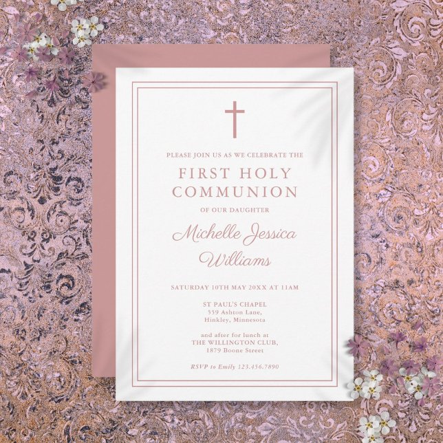 Faire-part de première communion à bordure rose po (Dusty Rose Pink Border First Holy Communion Invitation)