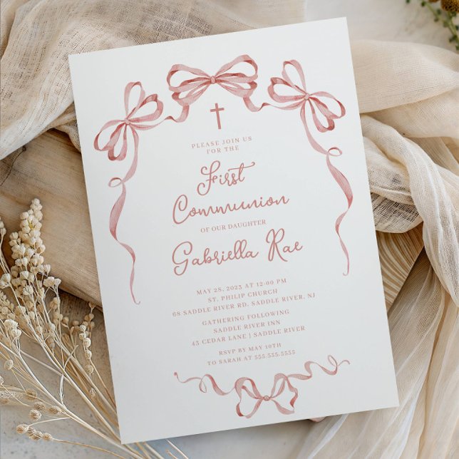 Faire-part de première communion à ruban rose (Créateur téléchargé)
